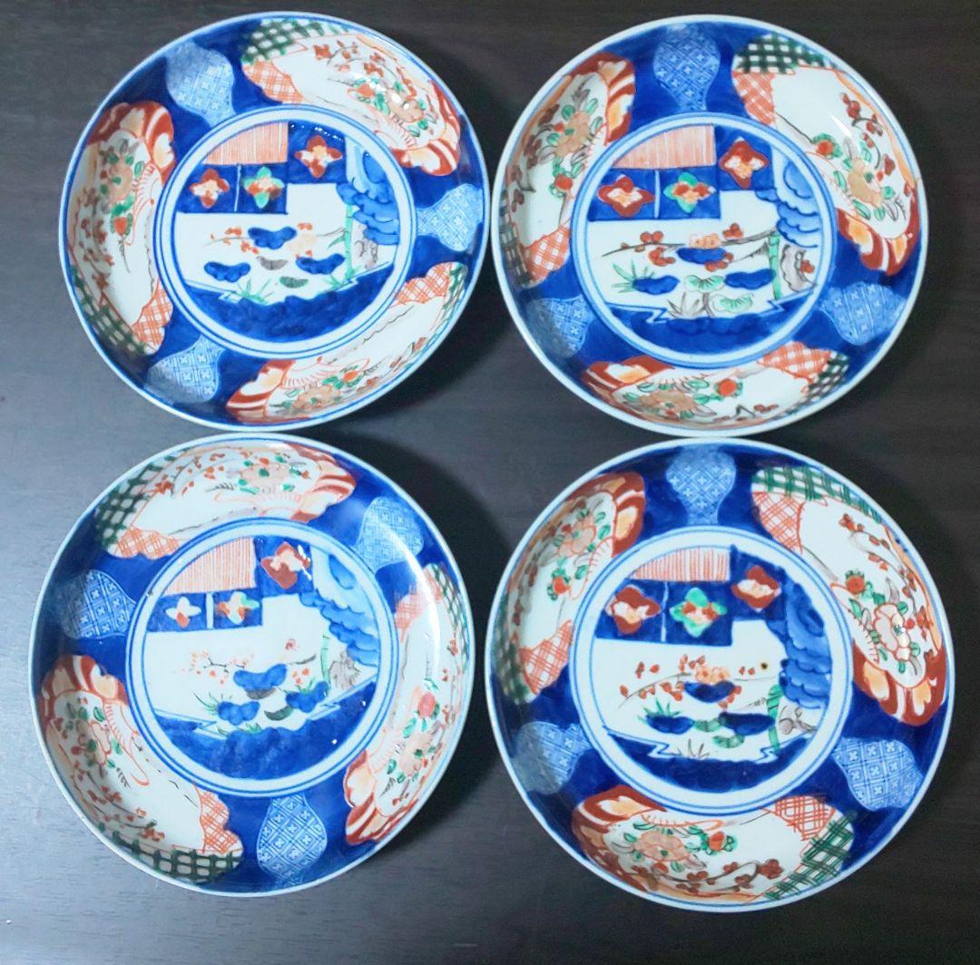 古伊万里 江戸時代 染付色絵 ４皿セット