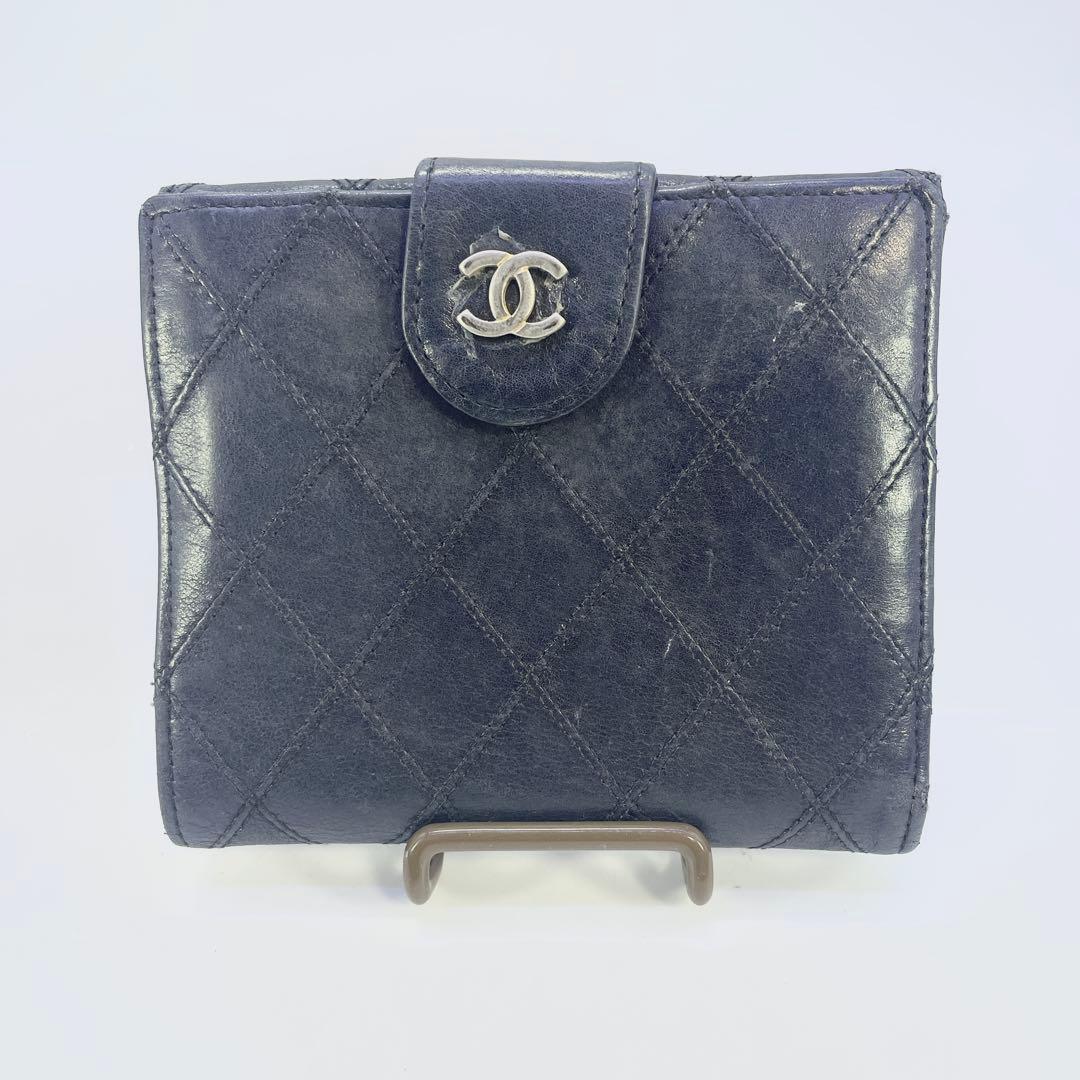 シャネル　ビコローレ　二つ折り　財布　ココマーク　ブラック　レザー　Wホック