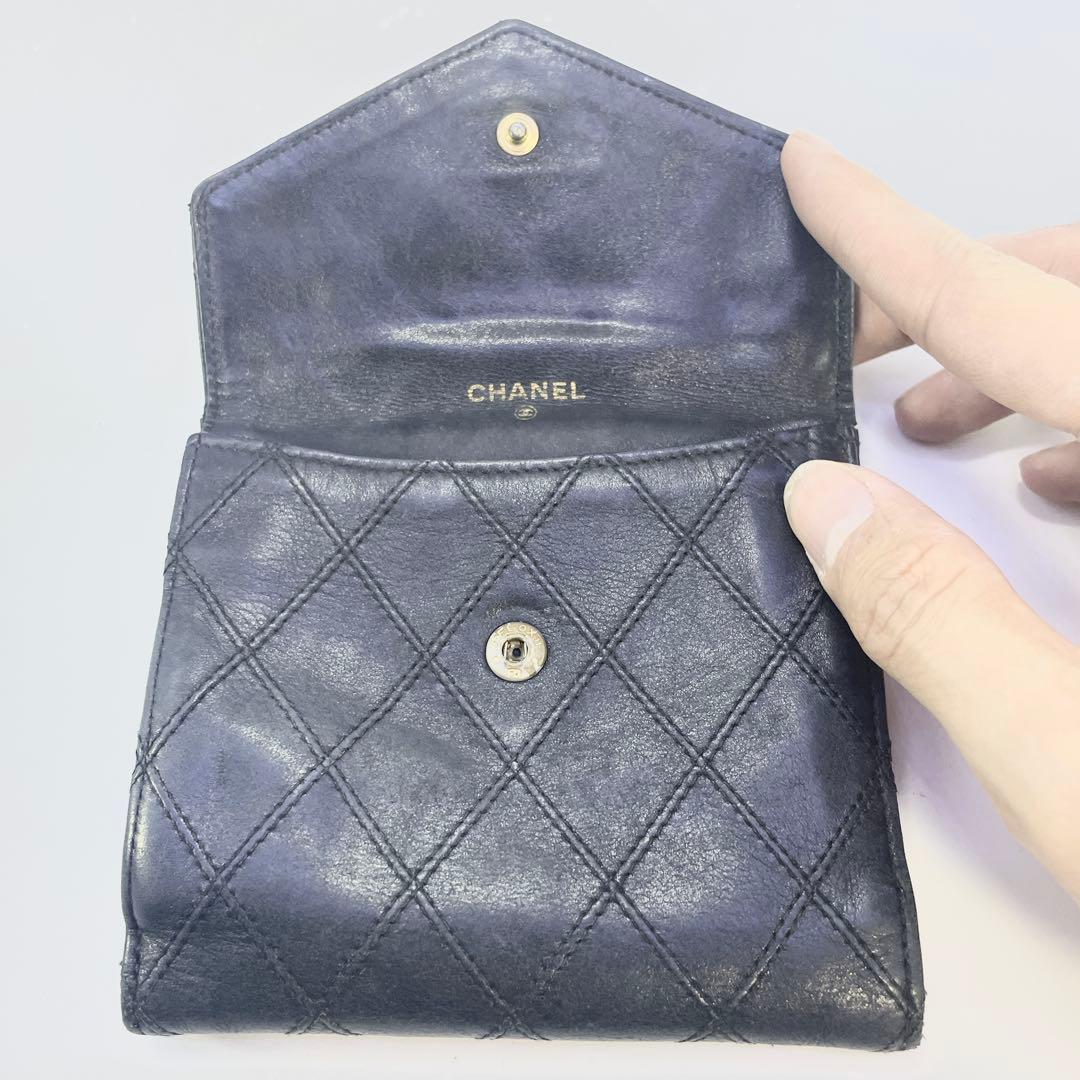 シャネル　ビコローレ　二つ折り　財布　ココマーク　ブラック　レザー　Wホック