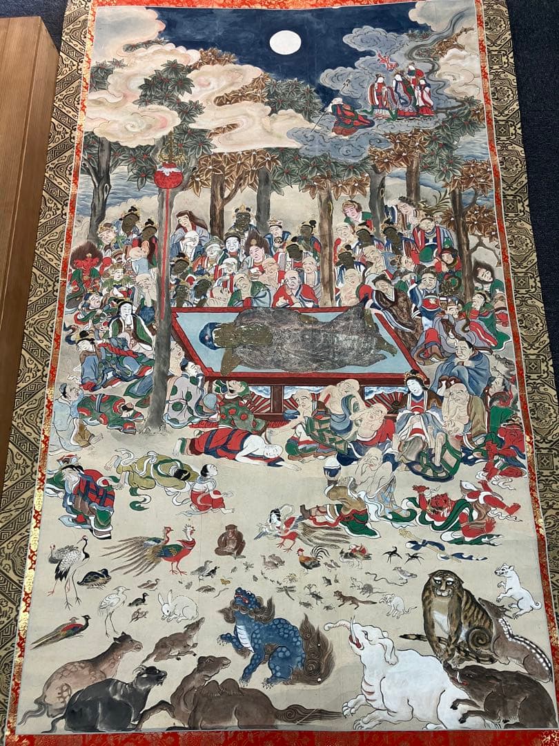 掛軸 釈迦涅槃図 大幅軸 紙本 彩色 仏画 仏教美術 年代物 時代物 合箱