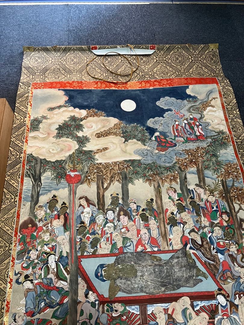 掛軸 釈迦涅槃図 大幅軸 紙本 彩色 仏画 仏教美術 年代物 時代物 合箱
