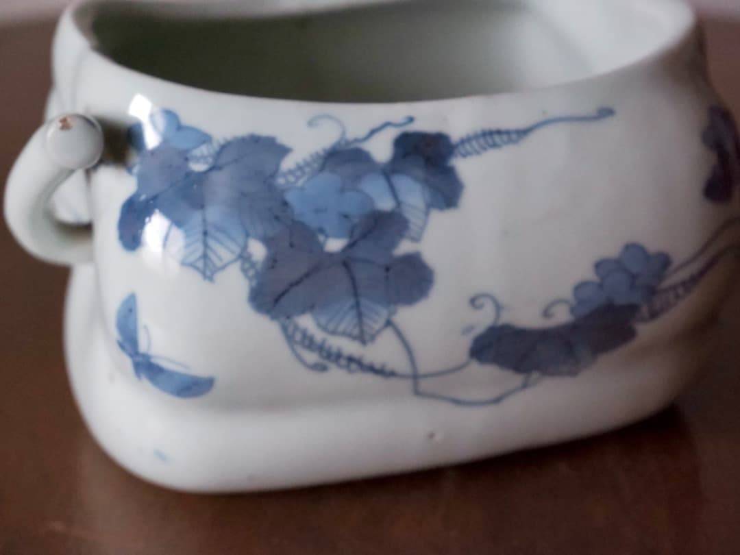 藍九谷様式　伊万里焼　染付　瓜型　鉢　水指　古民藝　Q2281