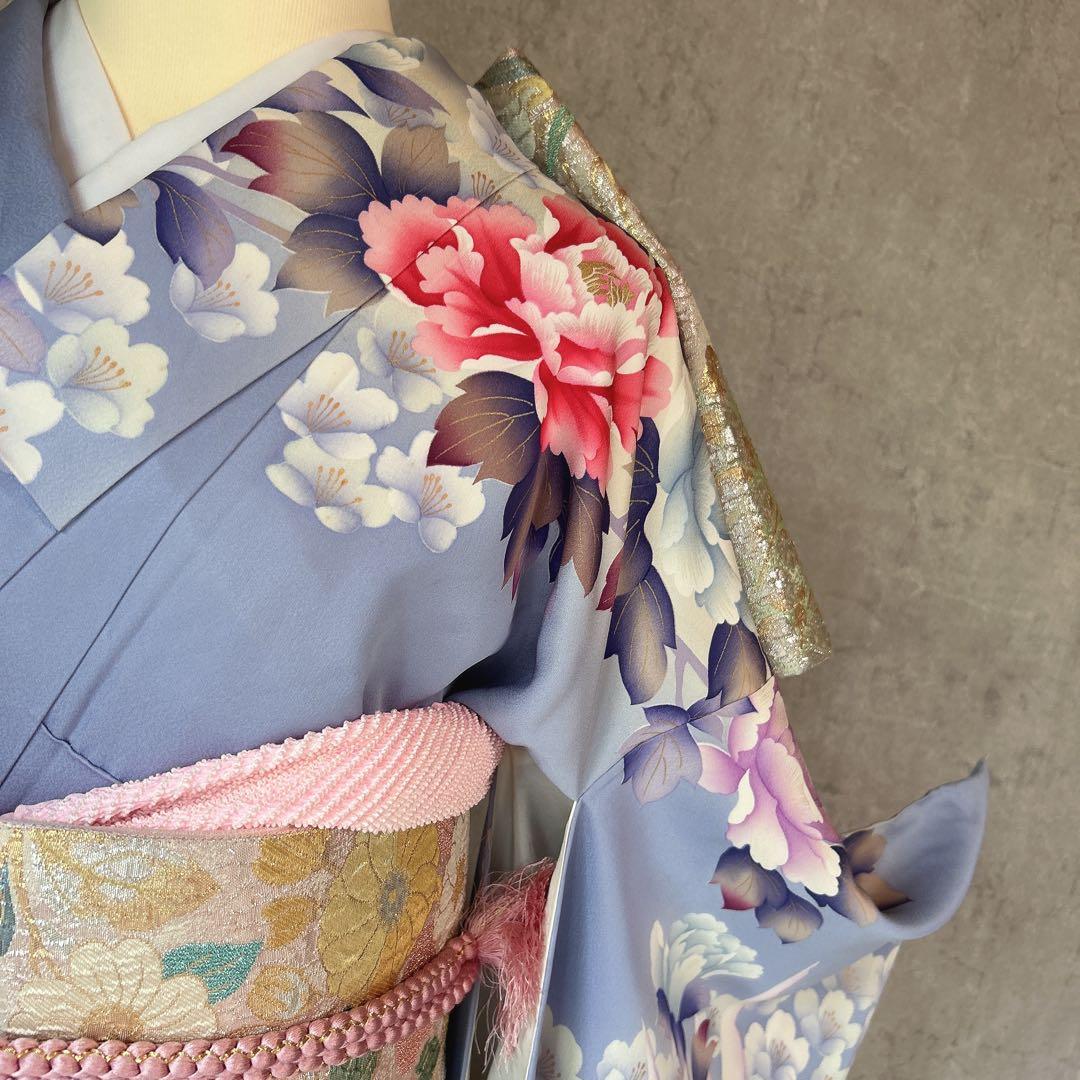 特価！　振袖　フルセット　帯　華模様　水色　紫　k2