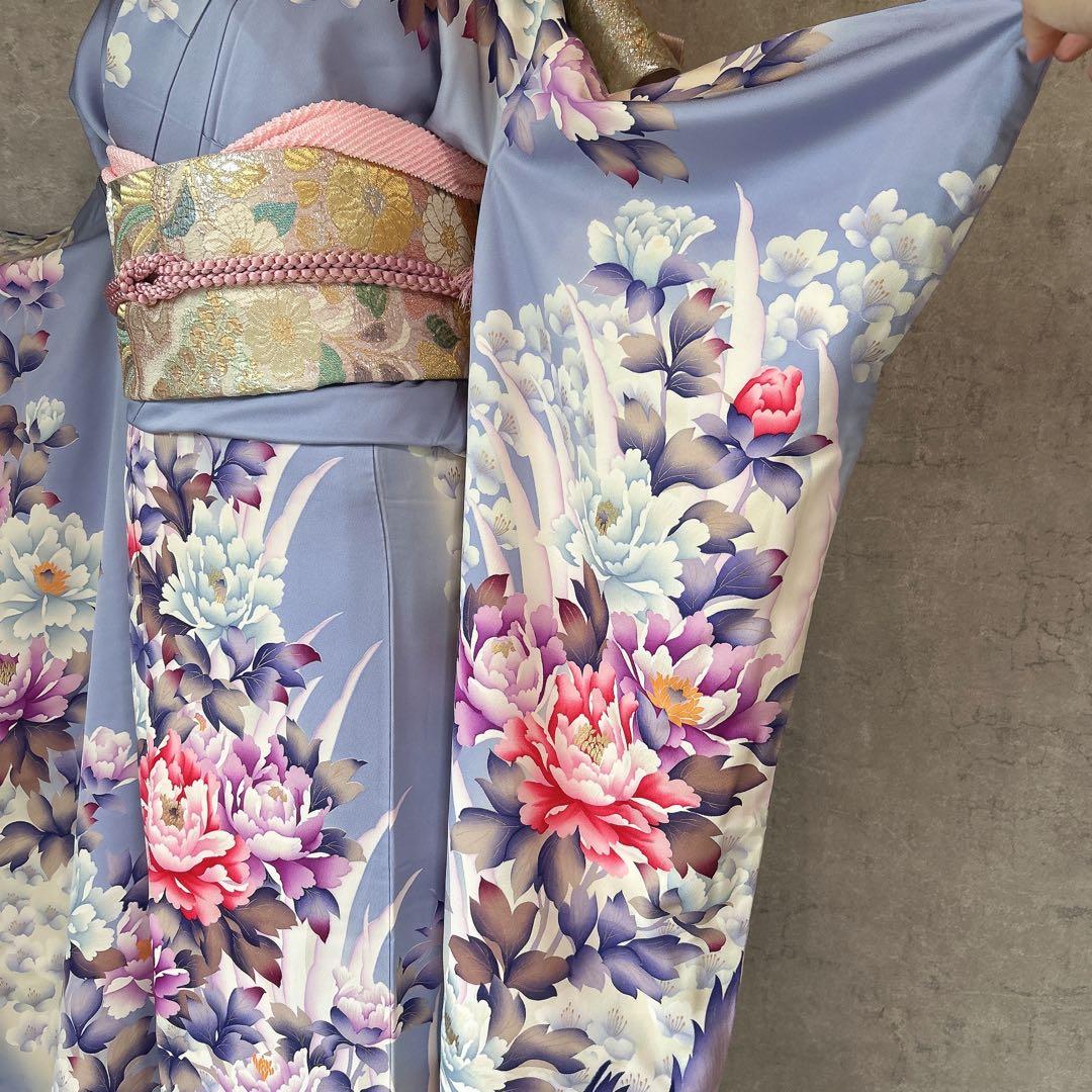 特価！　振袖　フルセット　帯　華模様　水色　紫　k2
