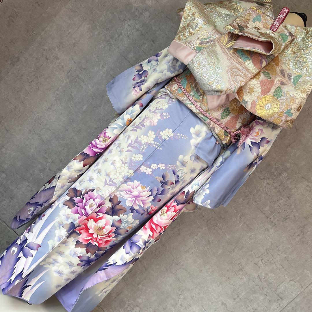 特価！　振袖　フルセット　帯　華模様　水色　紫　k2