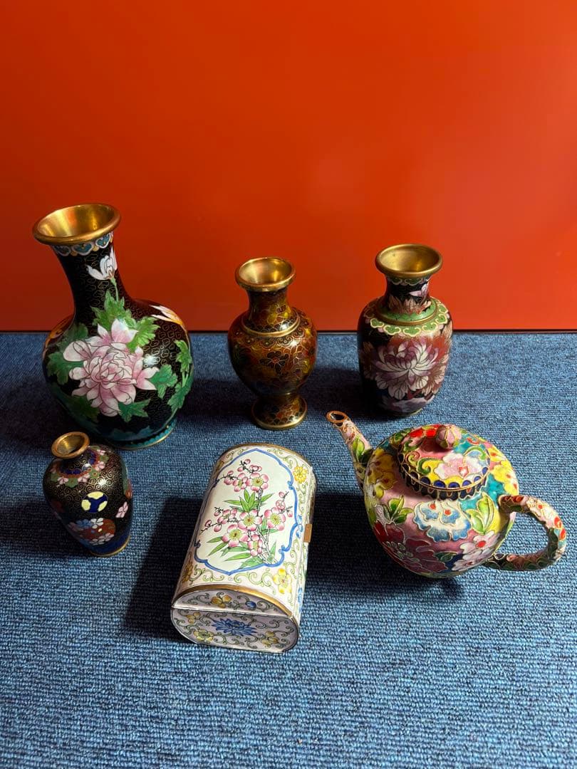 1012  中国　景泰藍　七宝　琺瑯　急須1   花瓶4  小物入れ1  時代物