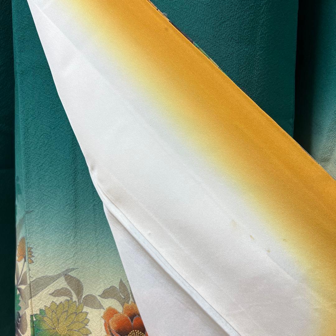 488 振袖フルセット 正絹 深緑 グリーン 金彩 暈し染め シック シンプル