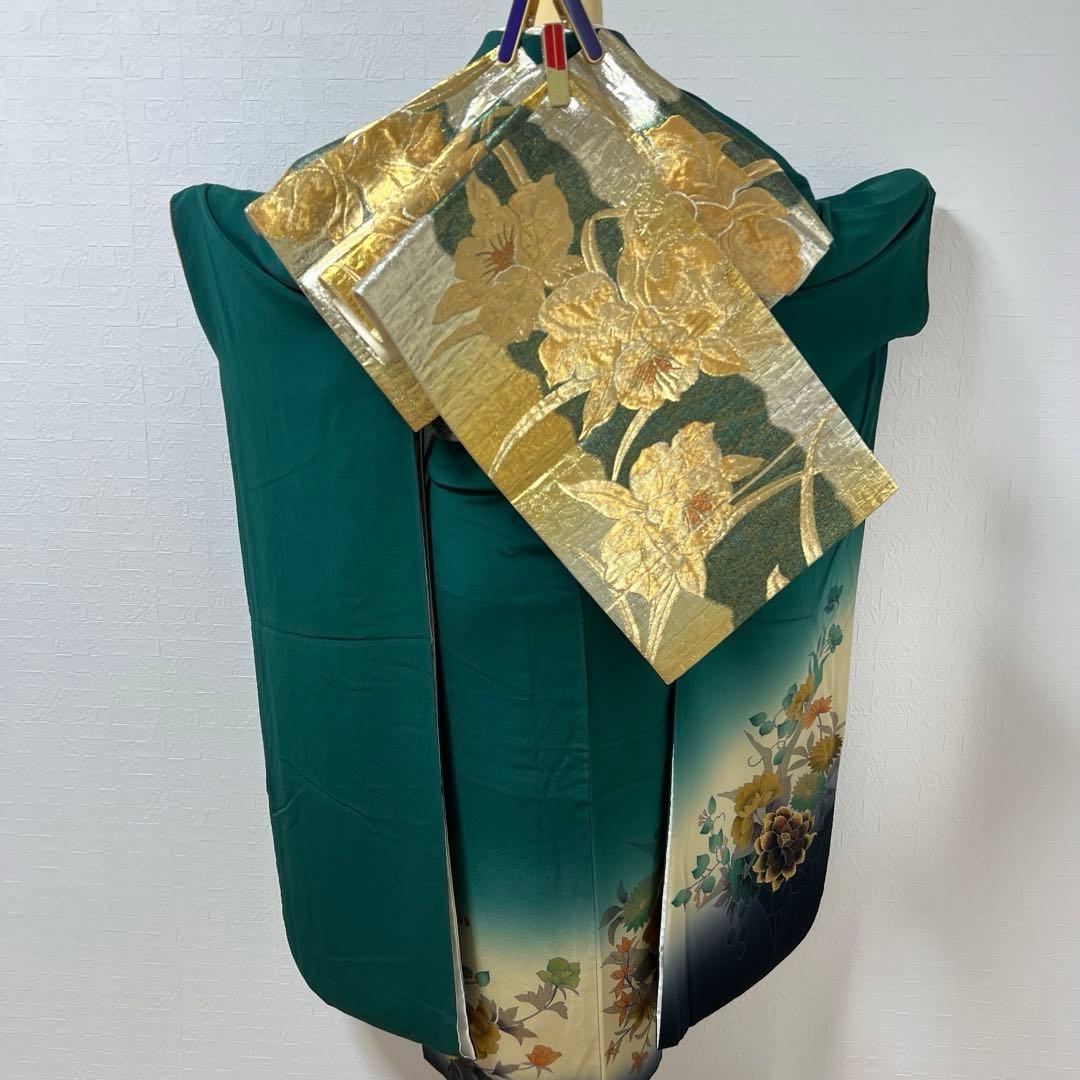 488 振袖フルセット 正絹 深緑 グリーン 金彩 暈し染め シック シンプル