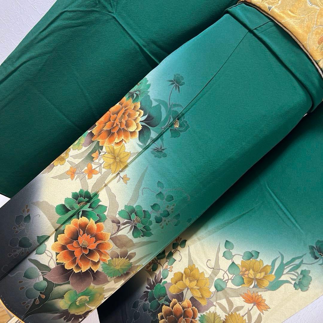 488 振袖フルセット 正絹 深緑 グリーン 金彩 暈し染め シック シンプル