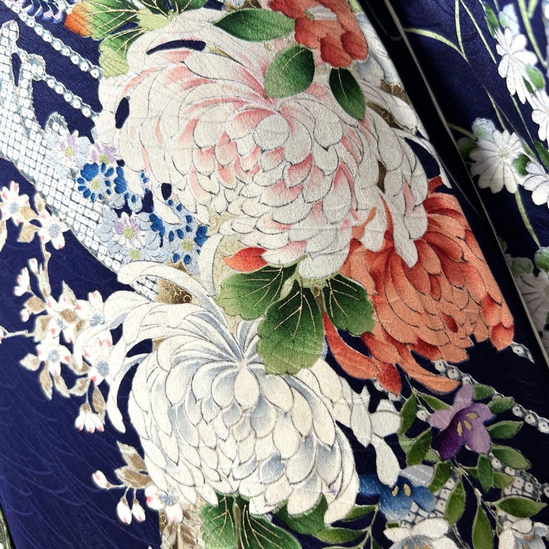 400 振袖フルセット 正絹 紺 ネイビー 紫 金彩 手描き 総柄 華やか 小紋