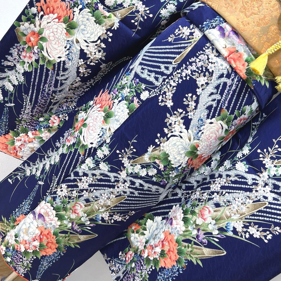 400 振袖フルセット 正絹 紺 ネイビー 紫 金彩 手描き 総柄 華やか 小紋