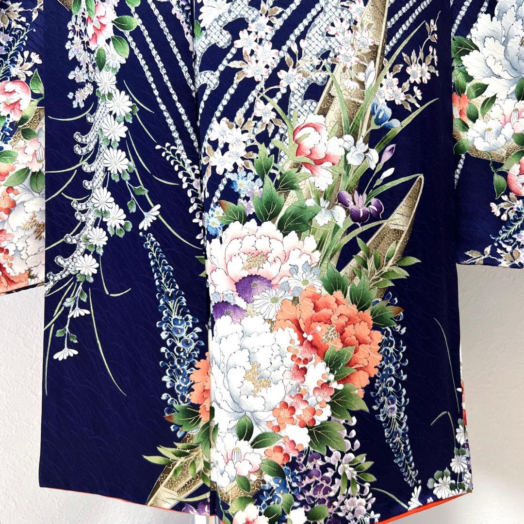 400 振袖フルセット 正絹 紺 ネイビー 紫 金彩 手描き 総柄 華やか 小紋