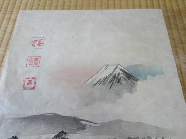 美品明治26年発行◆国民新聞社 1000号付録和紙 石版画『三保の松原と富士山』