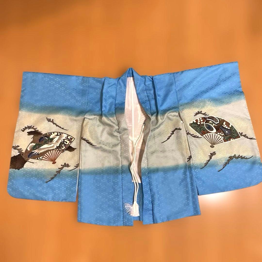 七五三 水色着物フルセット男の子100〜120扇子と鷹のデザイン