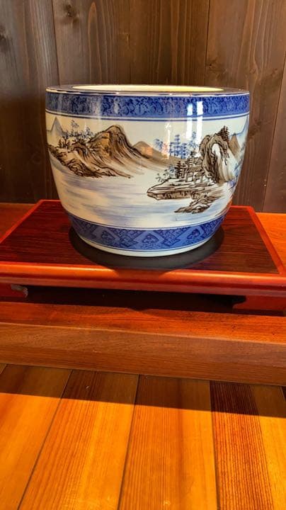 古物　火鉢　瀬戸火鉢　メダカ鉢　山水画　染付