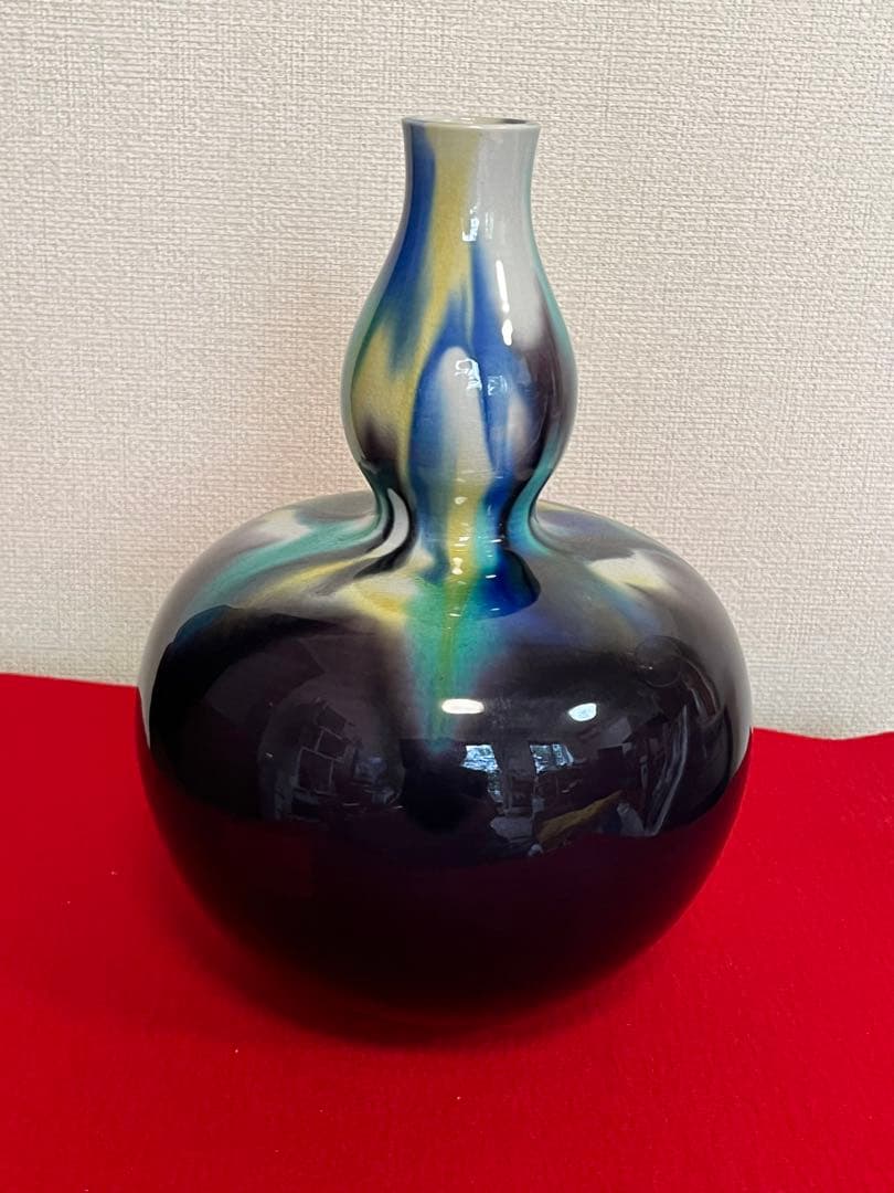 【特大】 人間国宝 三代 徳田八十吉  (正彦銘) 彩釉 瓢型 花入 T198