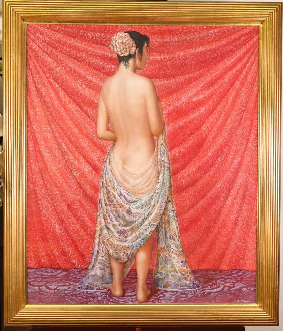 【真作】　鬼沢泰治 「 レースの裸婦 」　F20号　油彩　タトウ　BK098