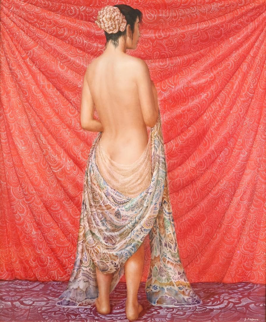 【真作】　鬼沢泰治 「 レースの裸婦 」　F20号　油彩　タトウ　BK098