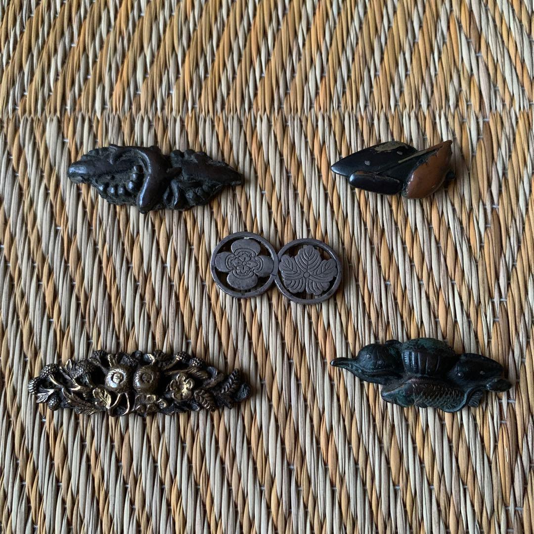 目貫 前金具 金工 家紋 菊 魚 蓮 5点