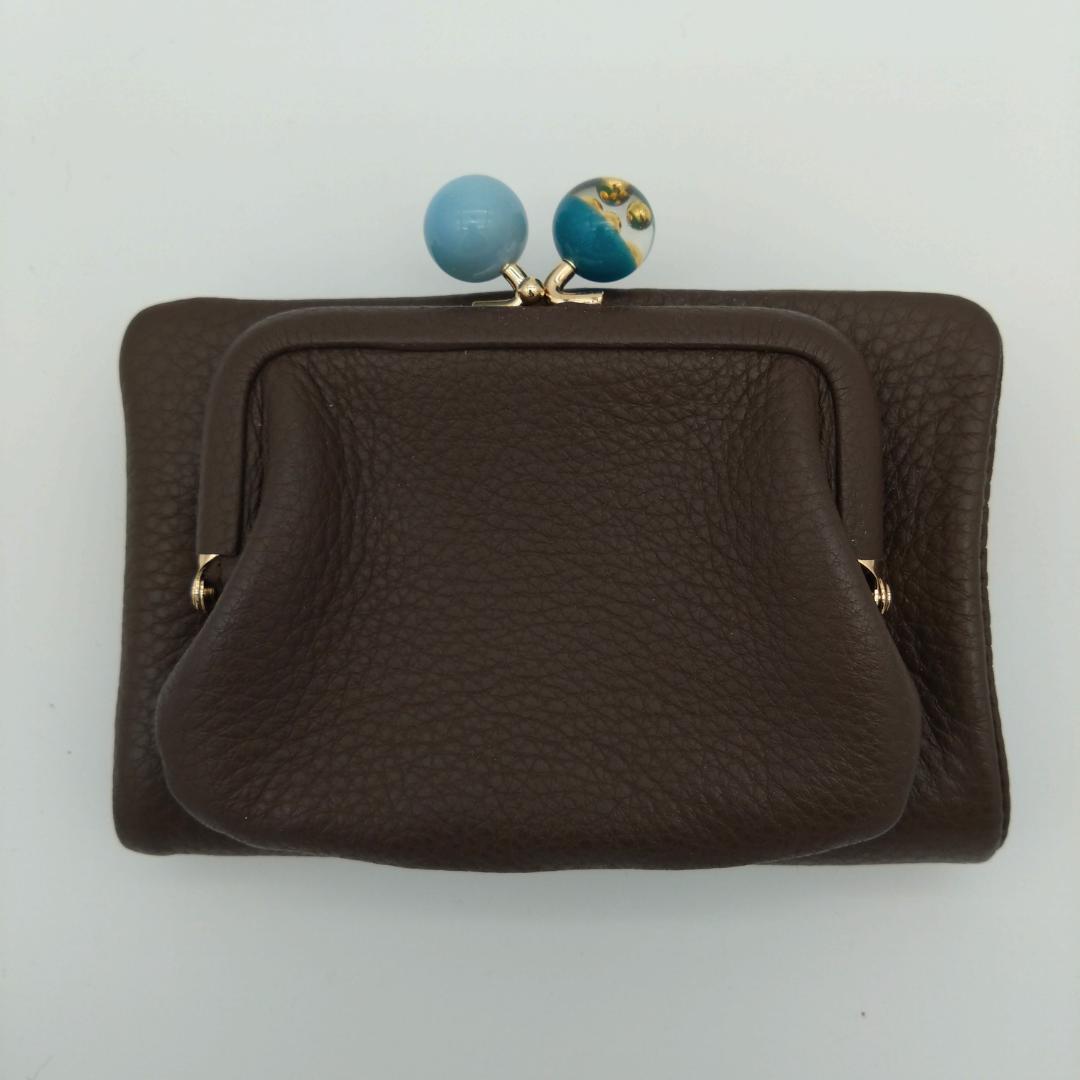 未使用 ear papillonner 牛革 がま口 ブラウン 二つ折り財布