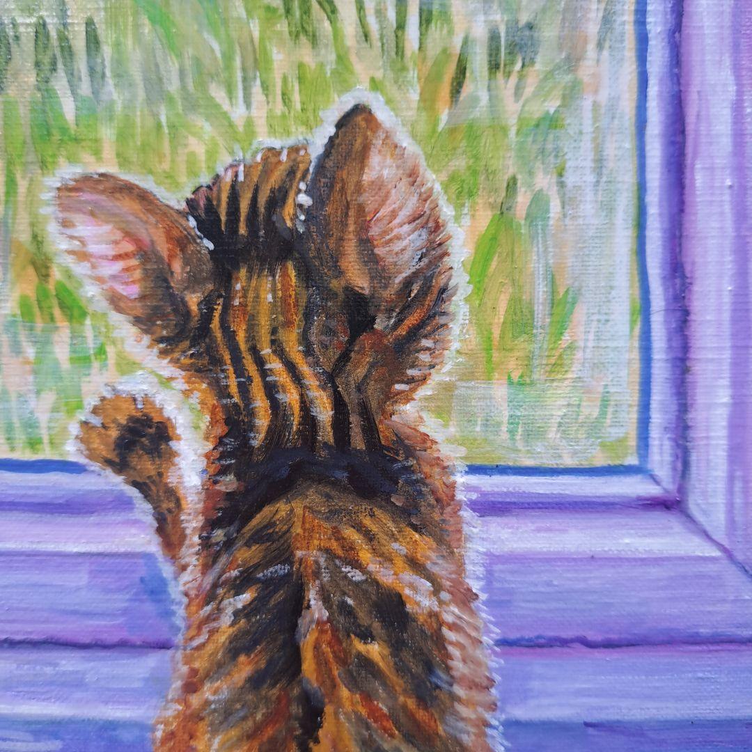 キャンバス油絵 　専用　立ち上がって 外を見ている子猫