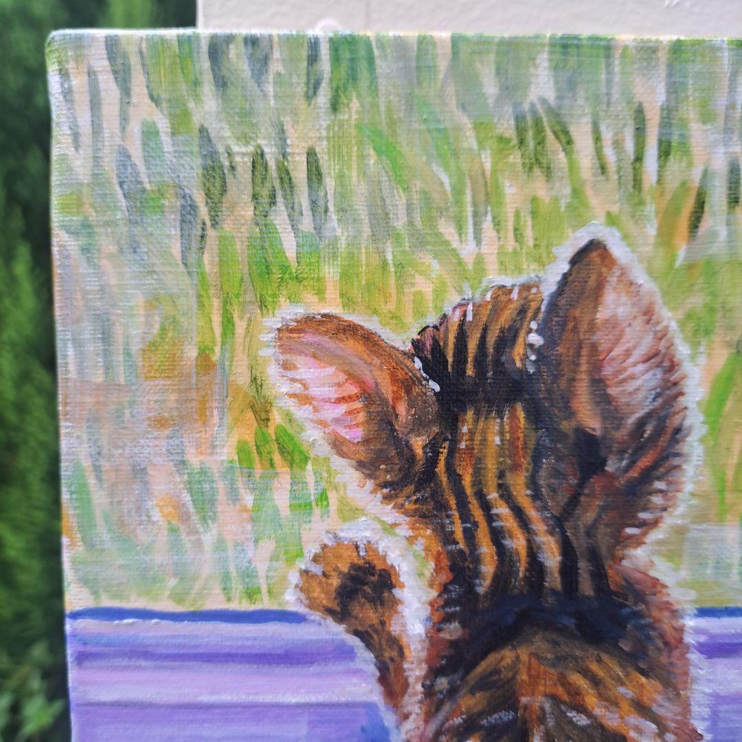 キャンバス油絵 　専用　立ち上がって 外を見ている子猫