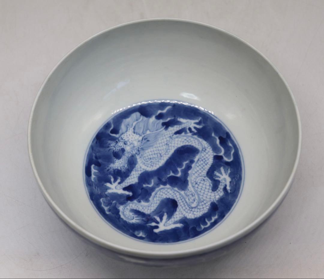 中国　清時代　大清同治年製　染付龍紋碗　木箱入　送料込み1209