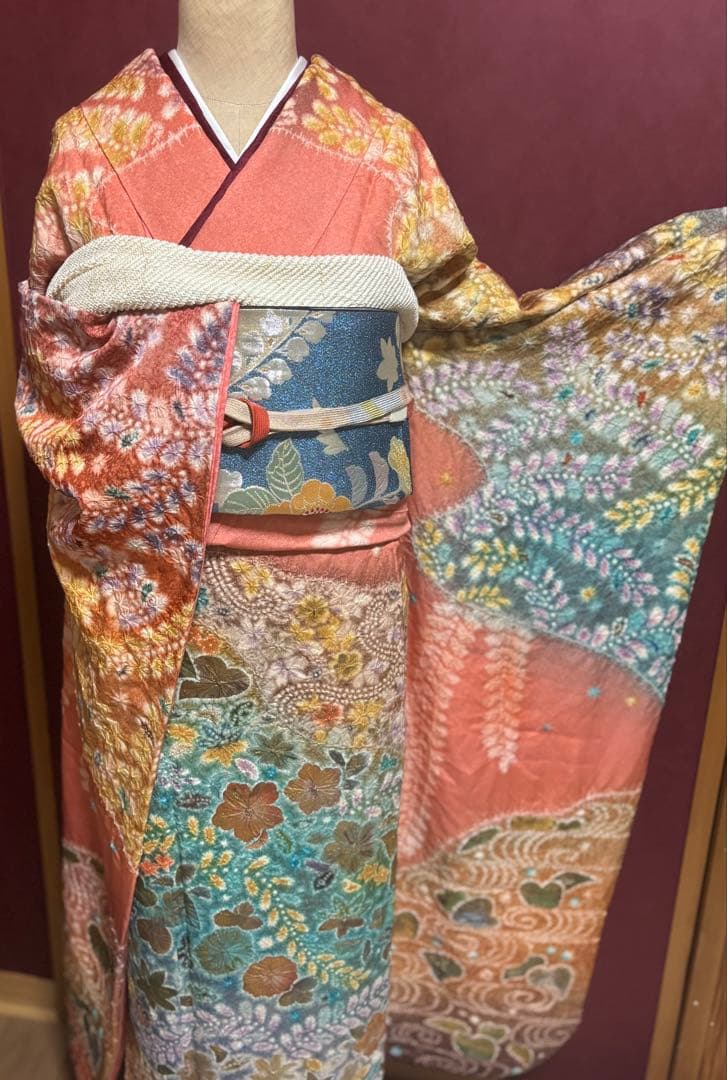 正絹　辻ヶ花6点セット　絞り染め　金通し撒き糊　瑞々しいサーモンピンク　トール