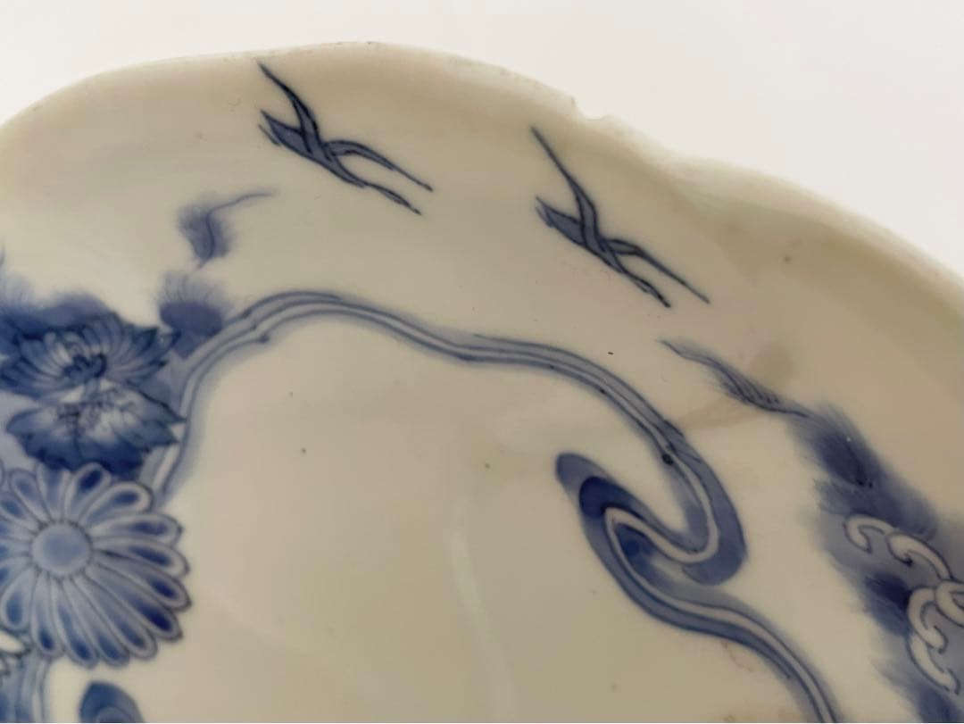 #1骨董　アンティーク　藍柿右衛門　染付　菊雲鶴文様　輪花皿　高脚皿　古伊万里