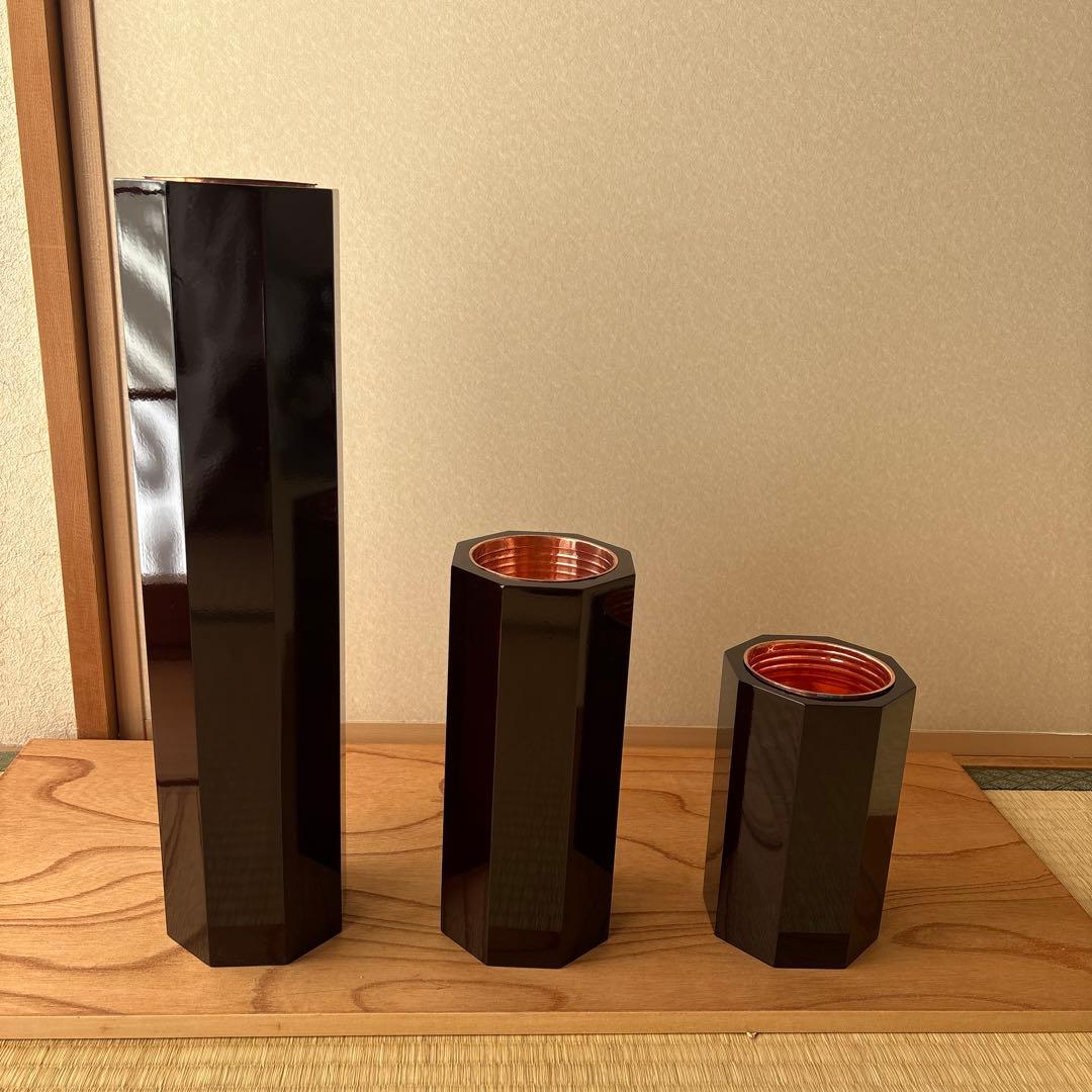 60 美品！短三管筒　3本セット　溜塗り　華道　生花　格花　花器