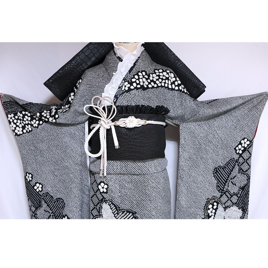 成人式直前SALE！良好！豪華黒×白 総絞り正絹振袖7点セットフルセットSG15