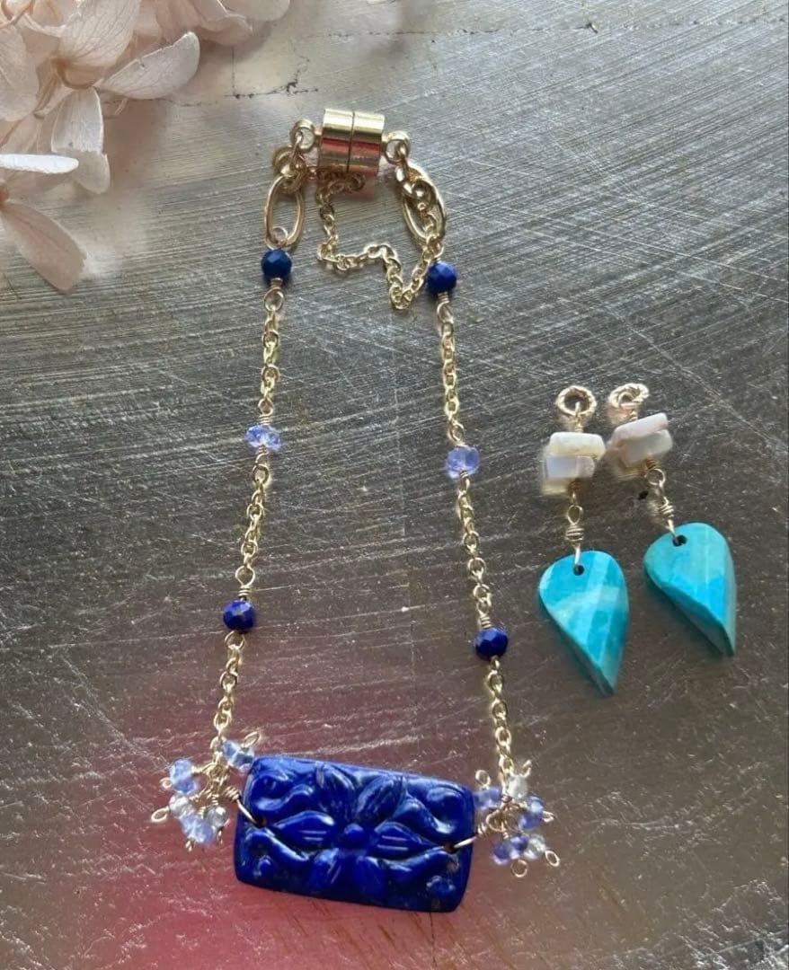 ラピスラズリカービング＆タンザナイトのブレスレット他　14kgf