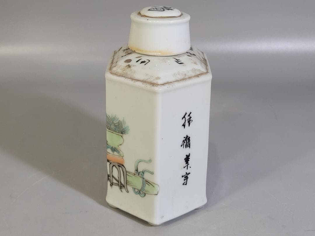 中国 色絵 花盆絵 六方 茶壷 DT448