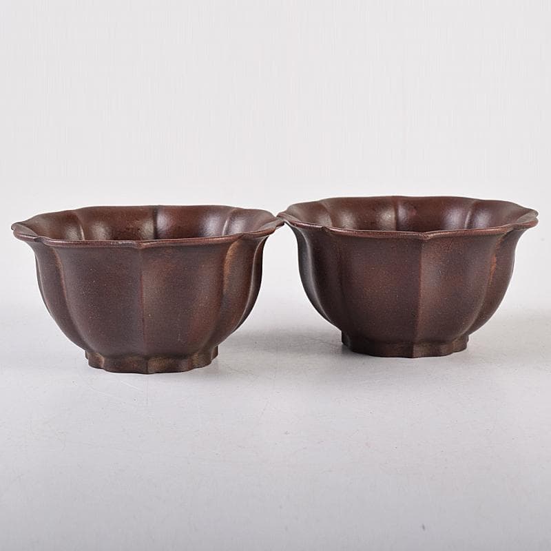 中国　中国宣興銘　紫砂朱泥　輪花碗　一對　V　8064E