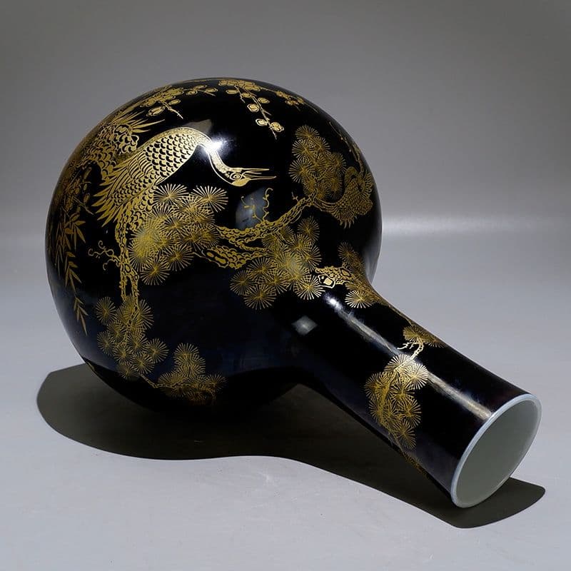 清康熙烏金釉本金手描き松鶴延年天球瓶 景徳鎮 陶磁器 装飾品現代工芸品美術品置物