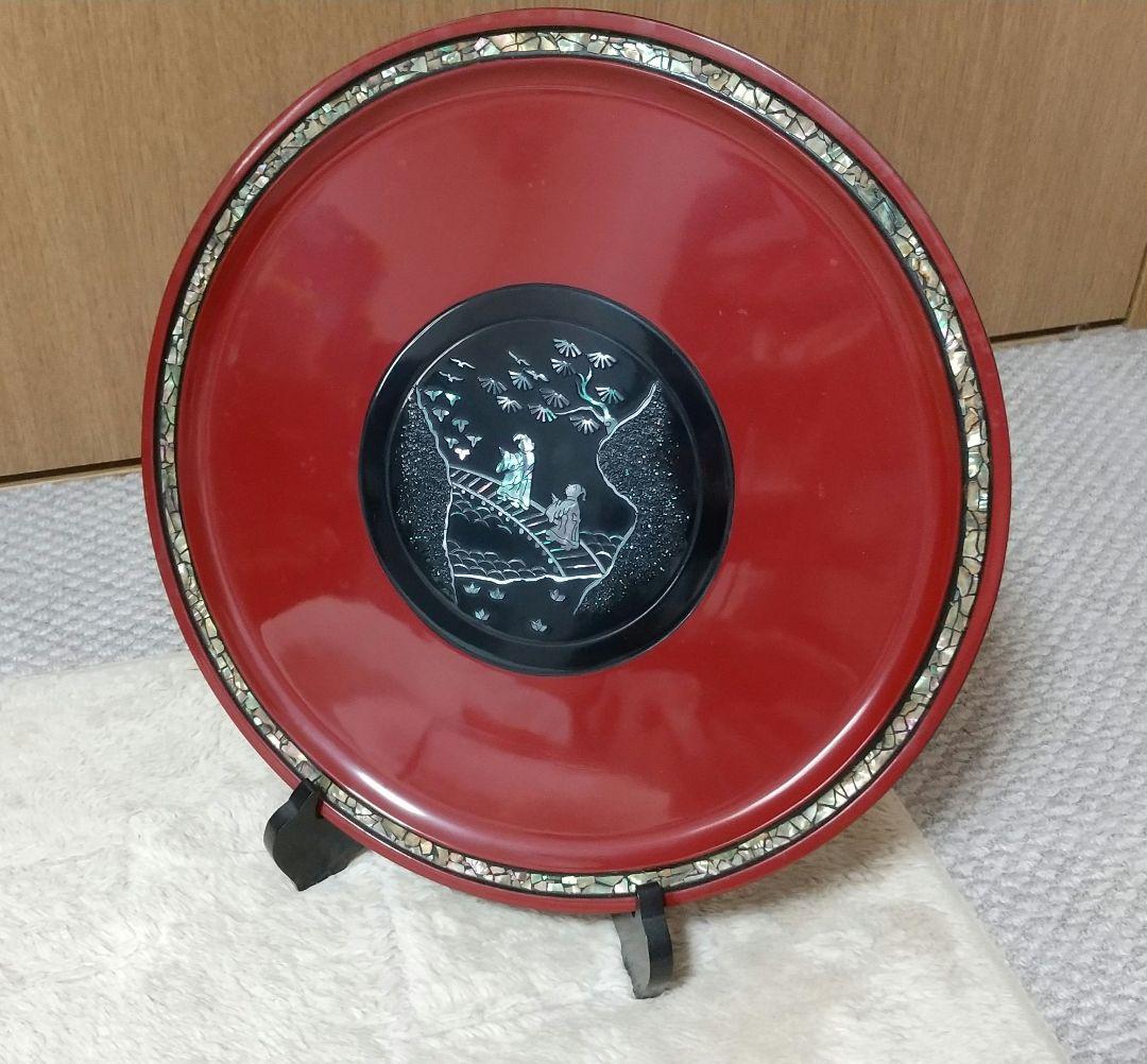赤色漆器皿 スタンド付き 高岡漆器 青貝