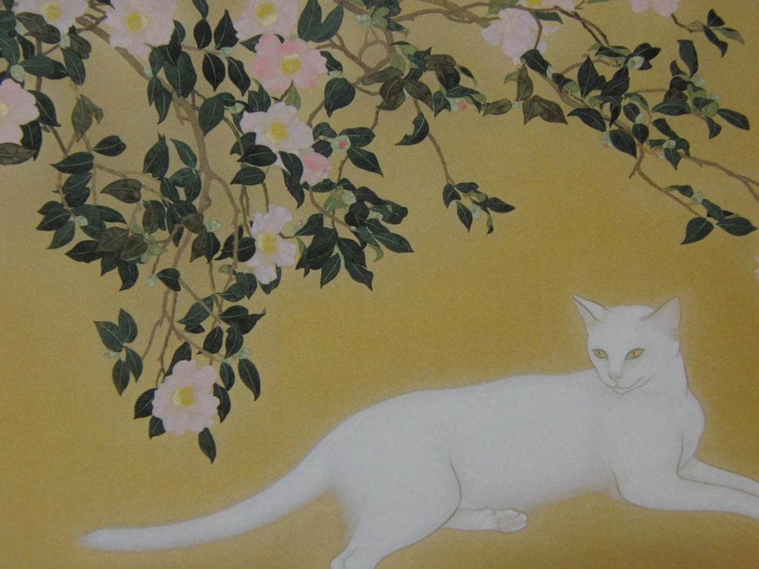 前本利彦、【椿下白猫】、希少画集画、新品高級額 額装付、状態良好