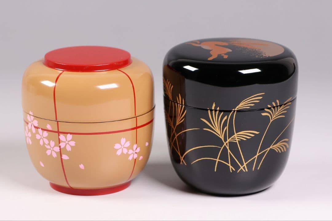 茶道具 棗 2点 ぼんぼり 月と兎 木製 黒塗 白塗 / 土居義峰【CM348】