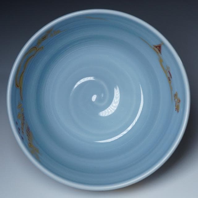 林淡幽　藍彩美也古八景茶碗　共箱　都八景　京都　茶道具　京焼　五山窯