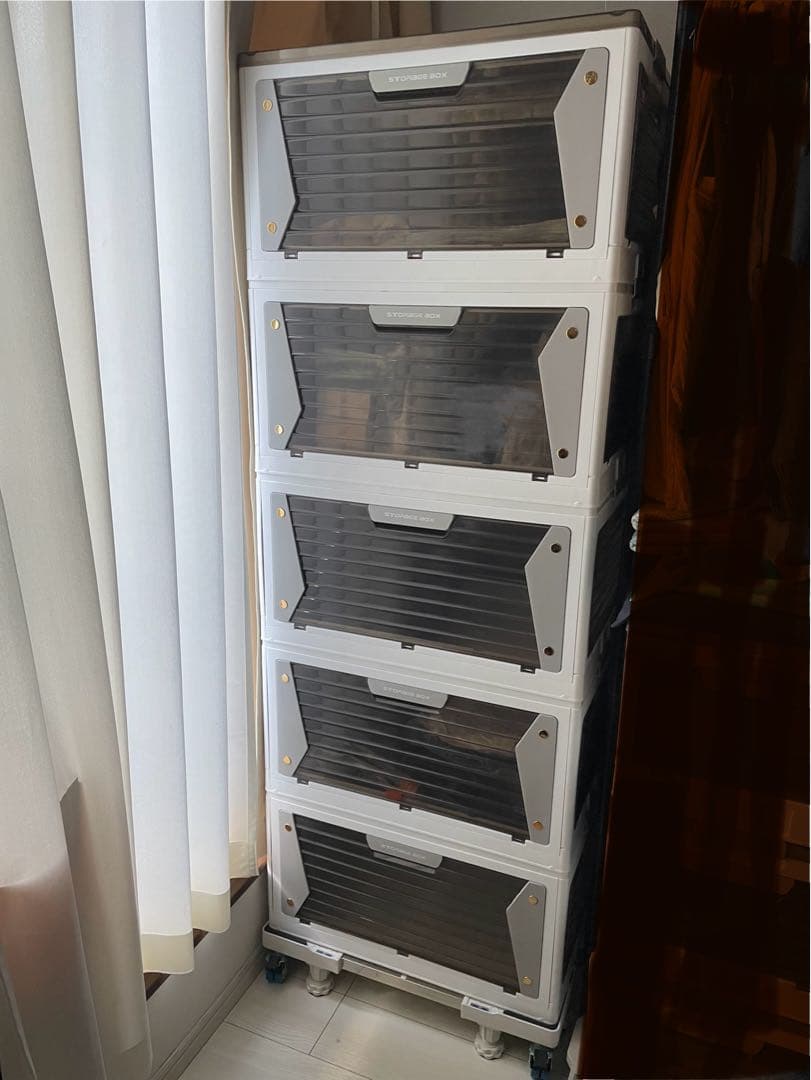 折りたたみ　スタッカブル収納ボックス XL5段+台車セット 全方向から取り出せる