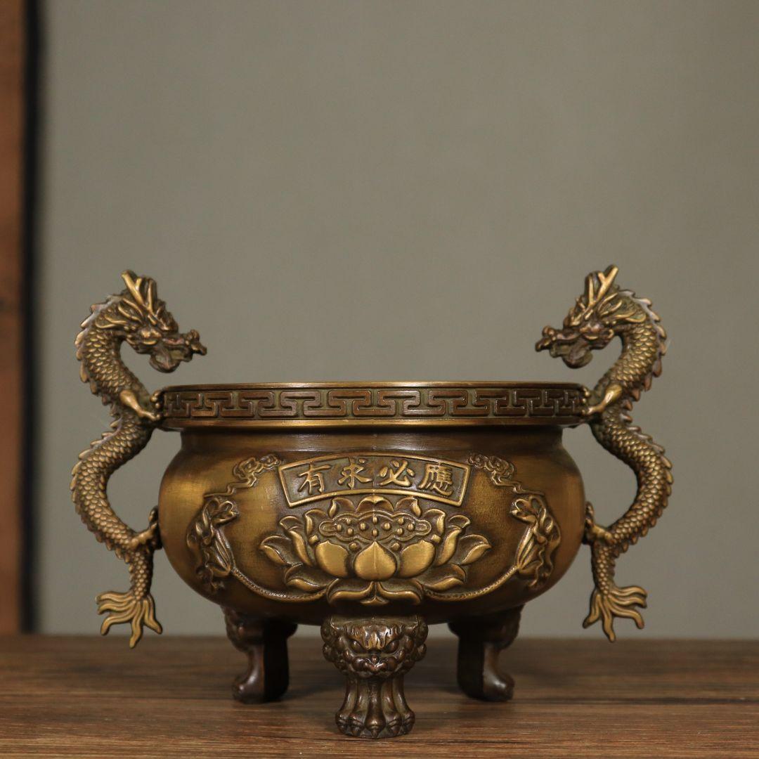 銅器 香炉 双龍耳蓮華香炉 三足鼎 仏堂挿香香炉 双龍炉 装飾品 工芸品 置物