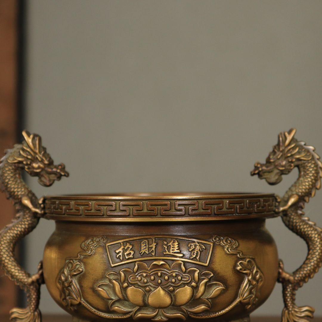 銅器 香炉 双龍耳蓮華香炉 三足鼎 仏堂挿香香炉 双龍炉 装飾品 工芸品 置物