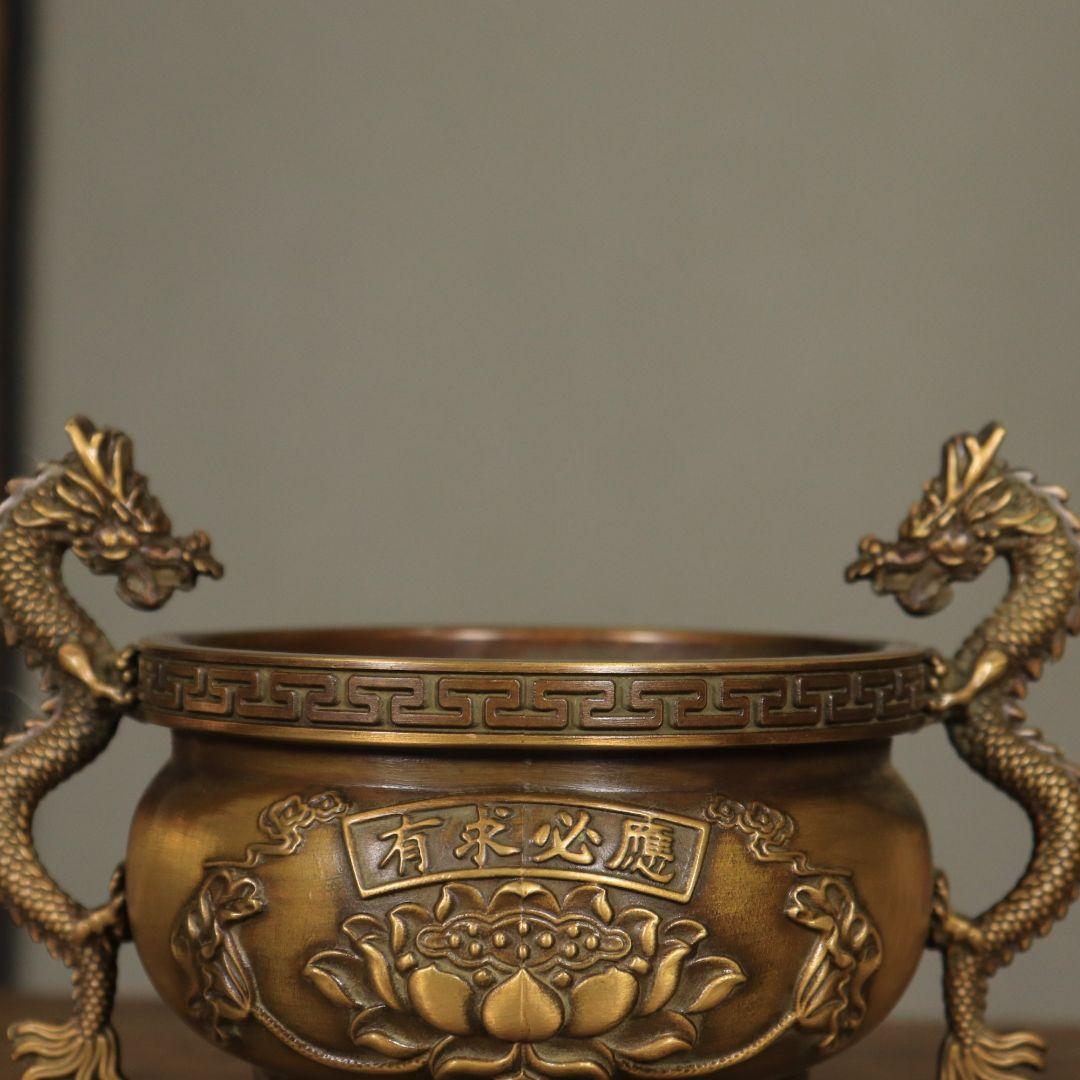 銅器 香炉 双龍耳蓮華香炉 三足鼎 仏堂挿香香炉 双龍炉 装飾品 工芸品 置物