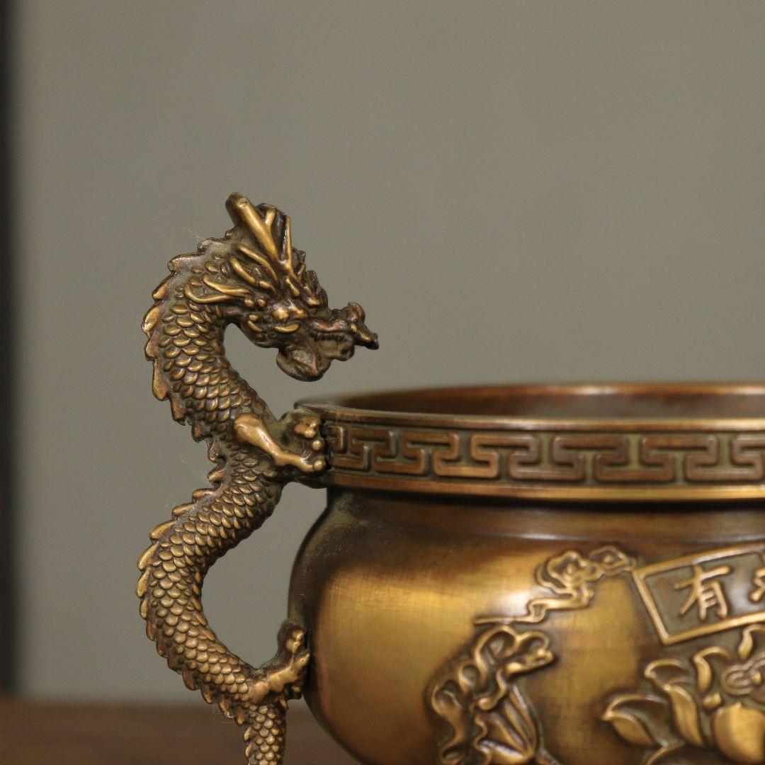 銅器 香炉 双龍耳蓮華香炉 三足鼎 仏堂挿香香炉 双龍炉 装飾品 工芸品 置物