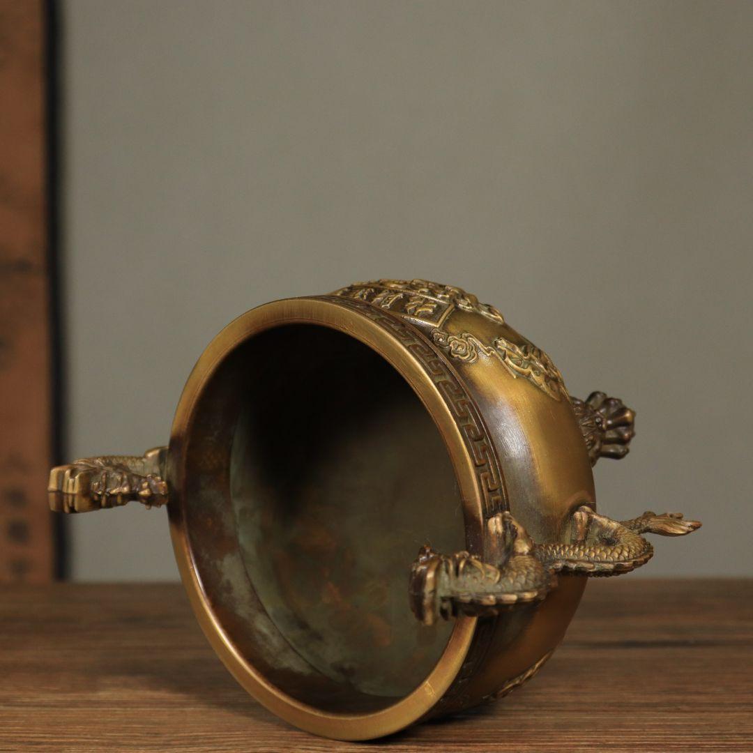 銅器 香炉 双龍耳蓮華香炉 三足鼎 仏堂挿香香炉 双龍炉 装飾品 工芸品 置物