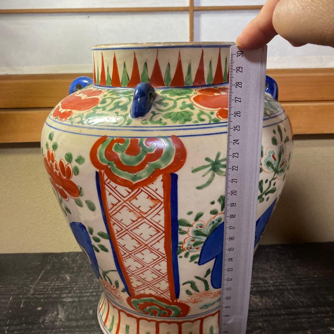 中国古玩　色絵華図四耳壺