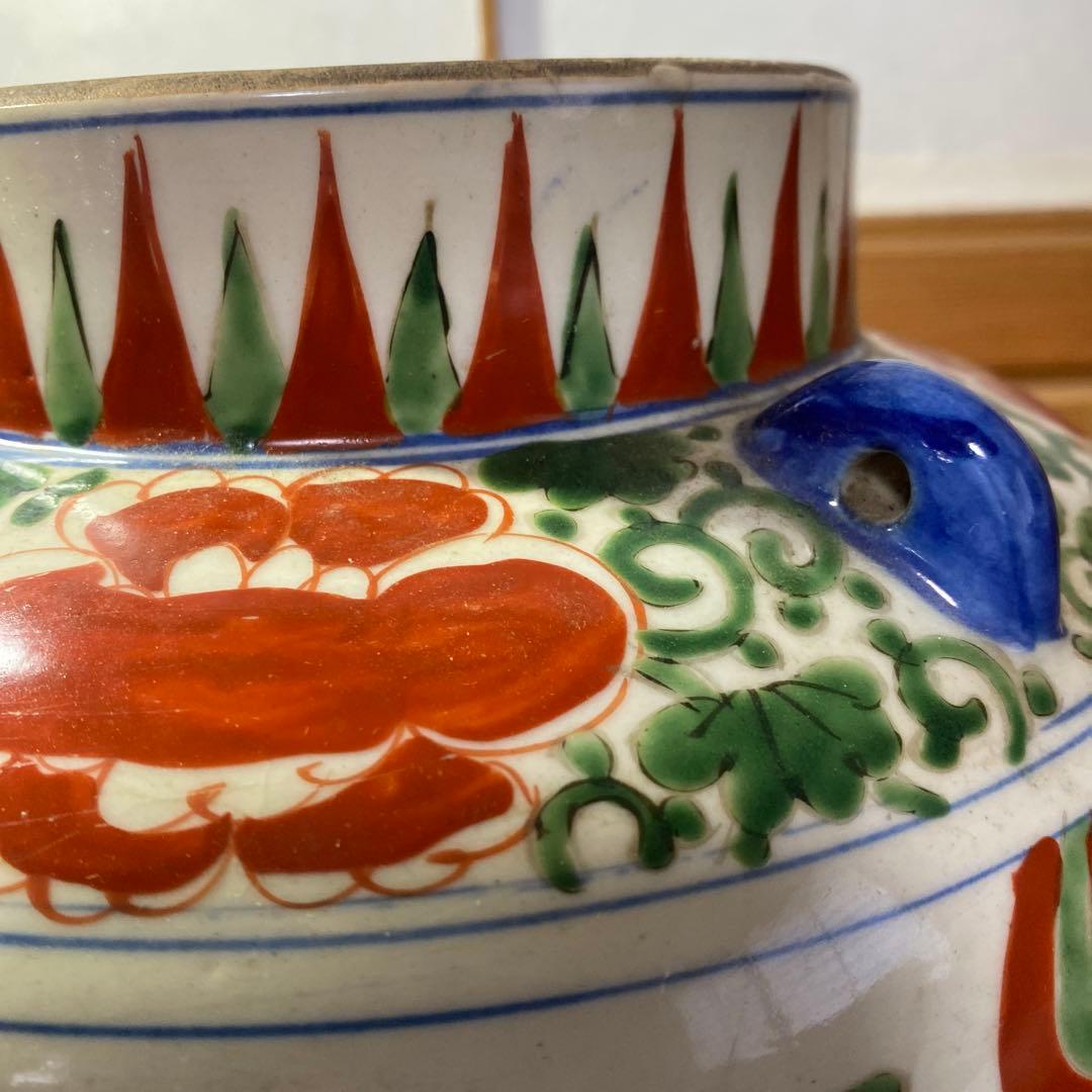 中国古玩　色絵華図四耳壺