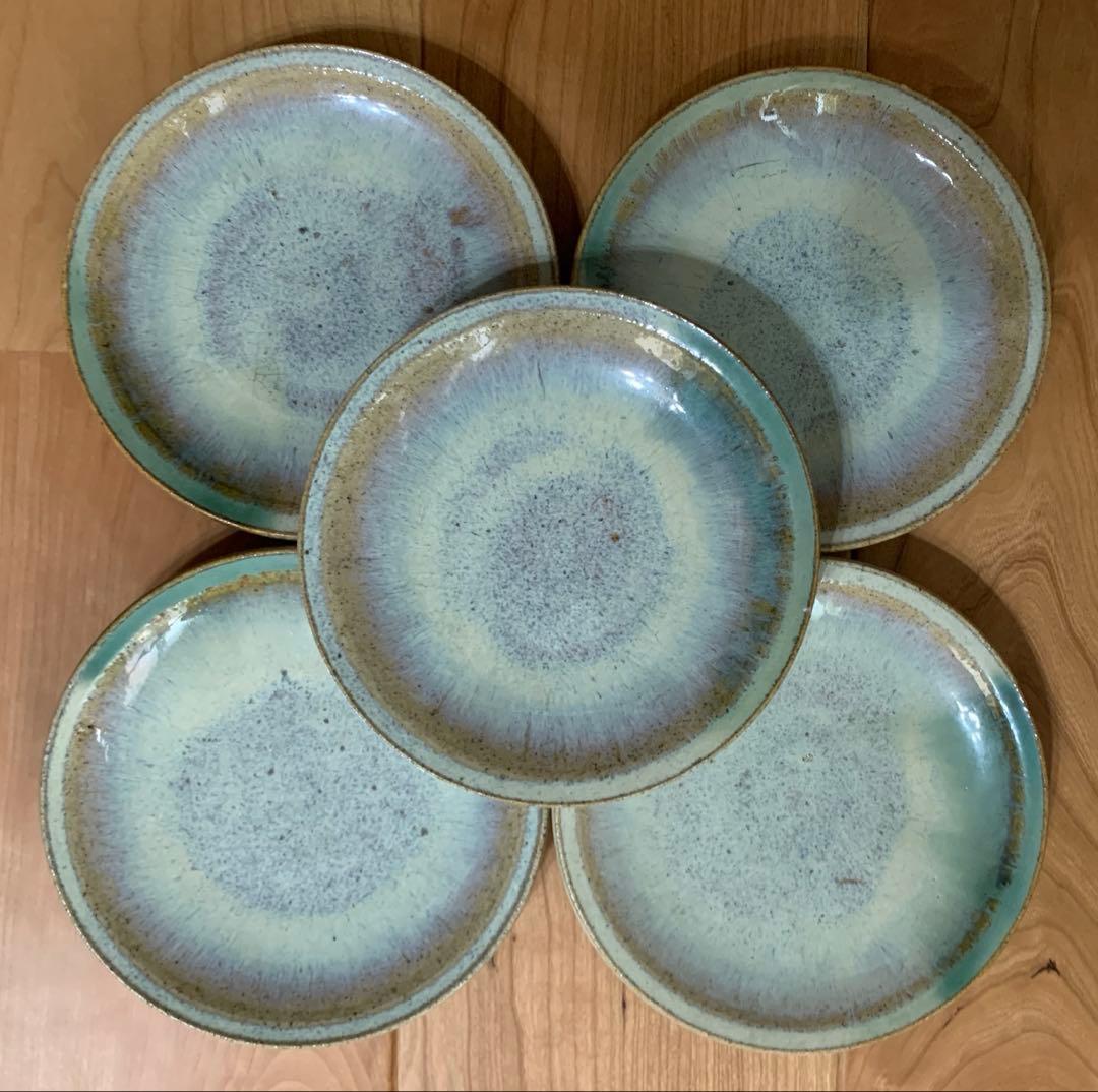 七代目　宗像亮一　作　会津本郷焼　宗像窯　灰釉皿　5寸皿　5枚