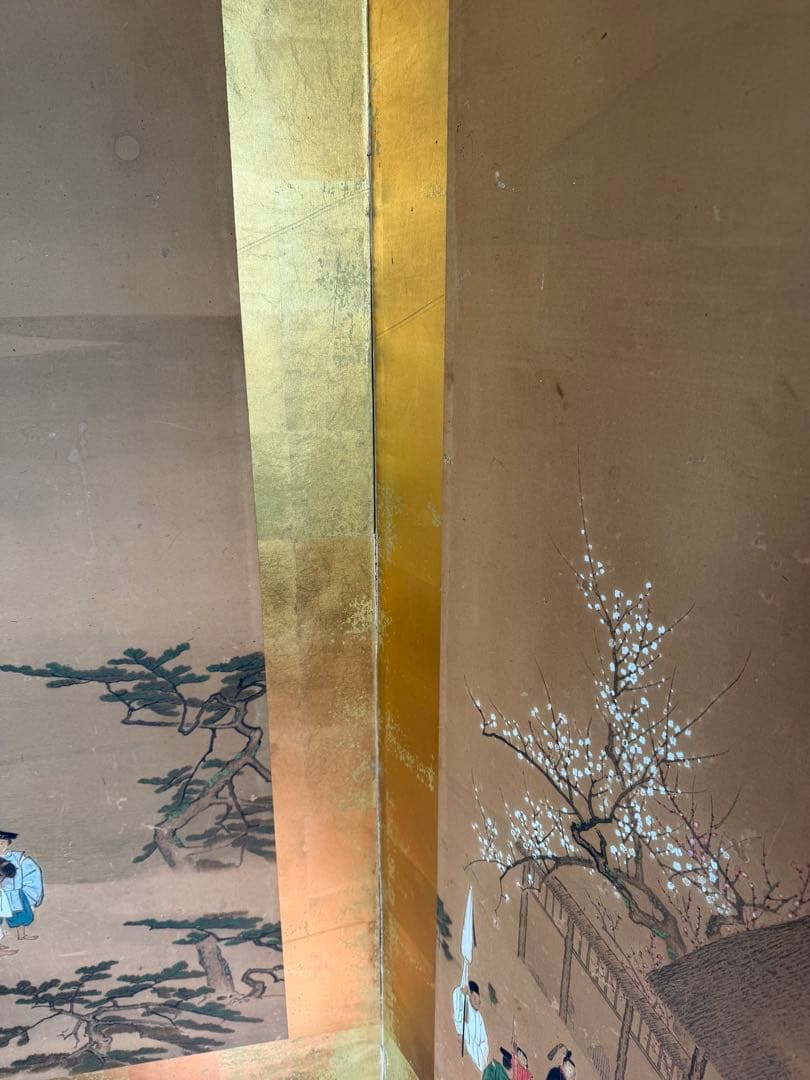 伝統的な日本屏風 大型 金屏風 二曲屏風 アンティーク