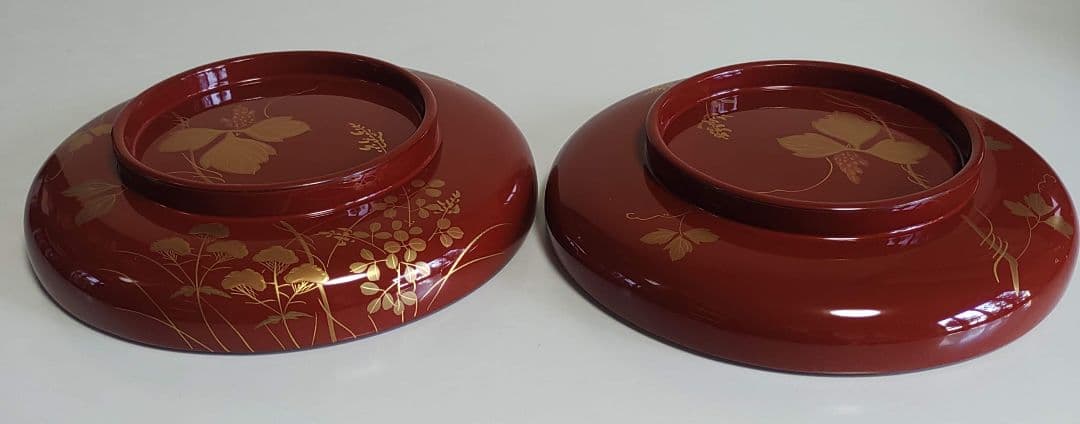 輪島塗　朱塗 大平椀　磨蒔絵 秋草の図　4客